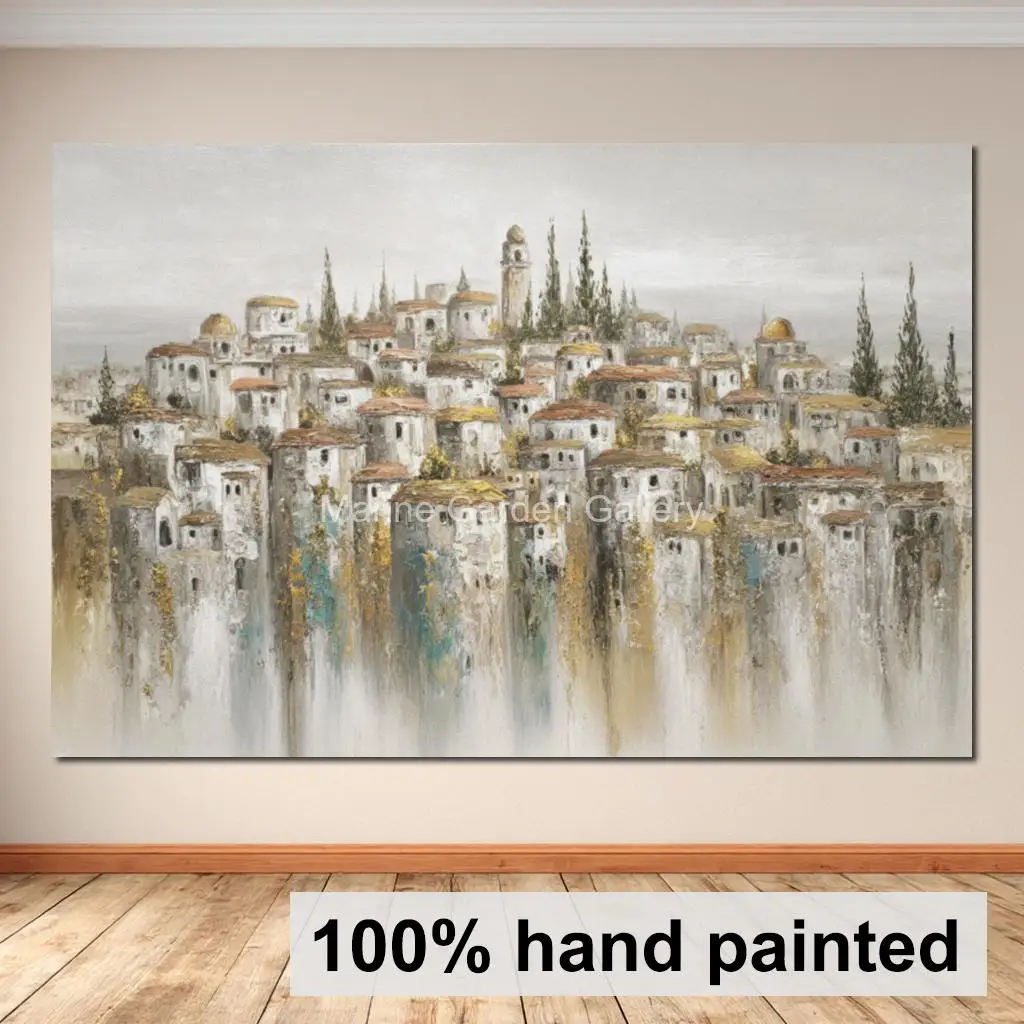 Hand Painted Jerusalem Holy City Abstract Oil Painting Judaica Canvas Art Large Gold Modern Wall Decor for Jewish Dining Room