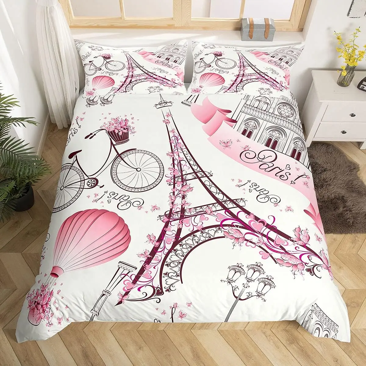 Eiffel Tower Duvet Cover Queen King Romantic Theme Bedding Set For Couple Adult Paris Cityscape Print Comforter Cover 3 Pieces