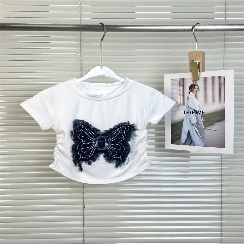Girls Summer New 2025 Three Dimensional Water Washed Hairy Denim Butterfly T-shirt Korean Fold Solid Versatile T-shirt