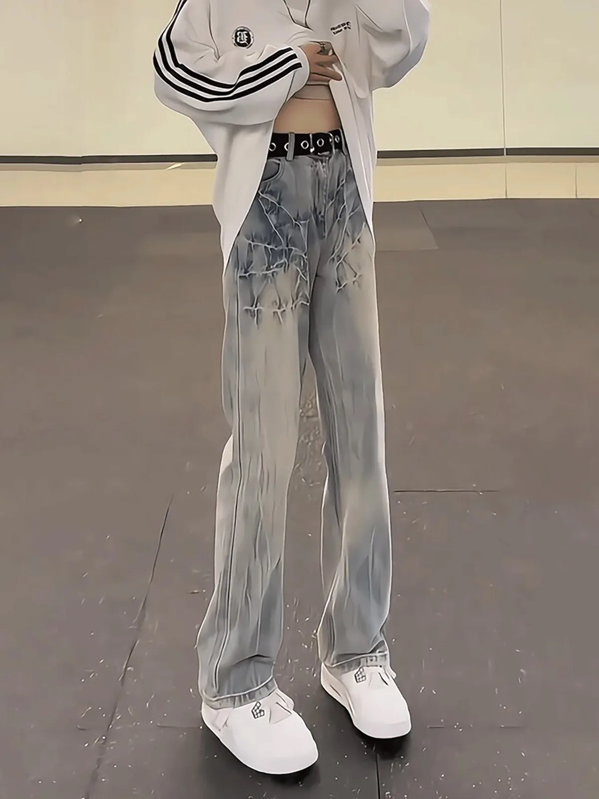 

Light Blue Lightning Pattern Men's Jeans American High Street Style Vintage Wide Leg Slim Straight Leg Micro Flared Pants