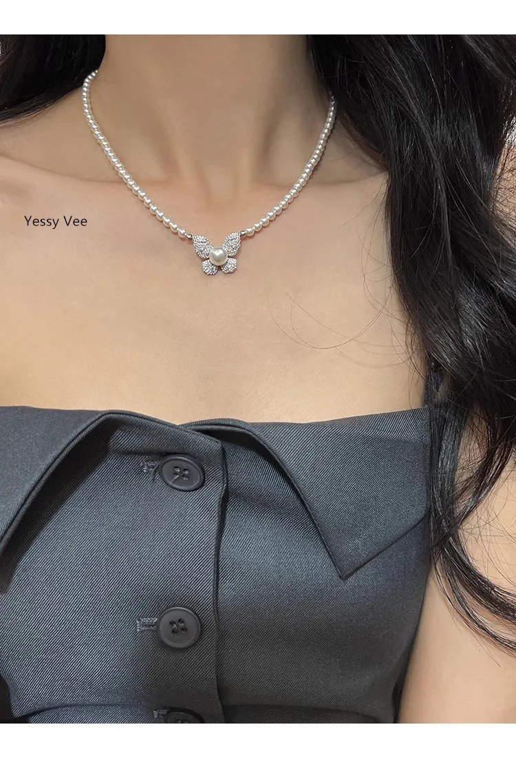 Yessy Vee Women Diamond Necklace Butterfly Pendant Necklace Luxury 925 Silver Natural Pearl Neck Chain Austrian Pearl Elegant