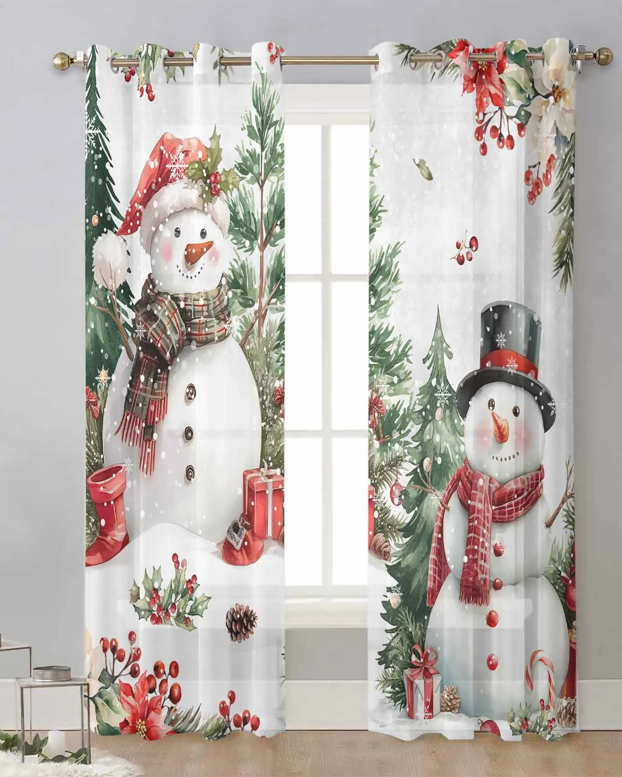 

Christmas Winter Snowman Tree Poinsettia Sheer Curtains for Living Room Printed Tulle Window Curtain Luxury Home Decor Drapes