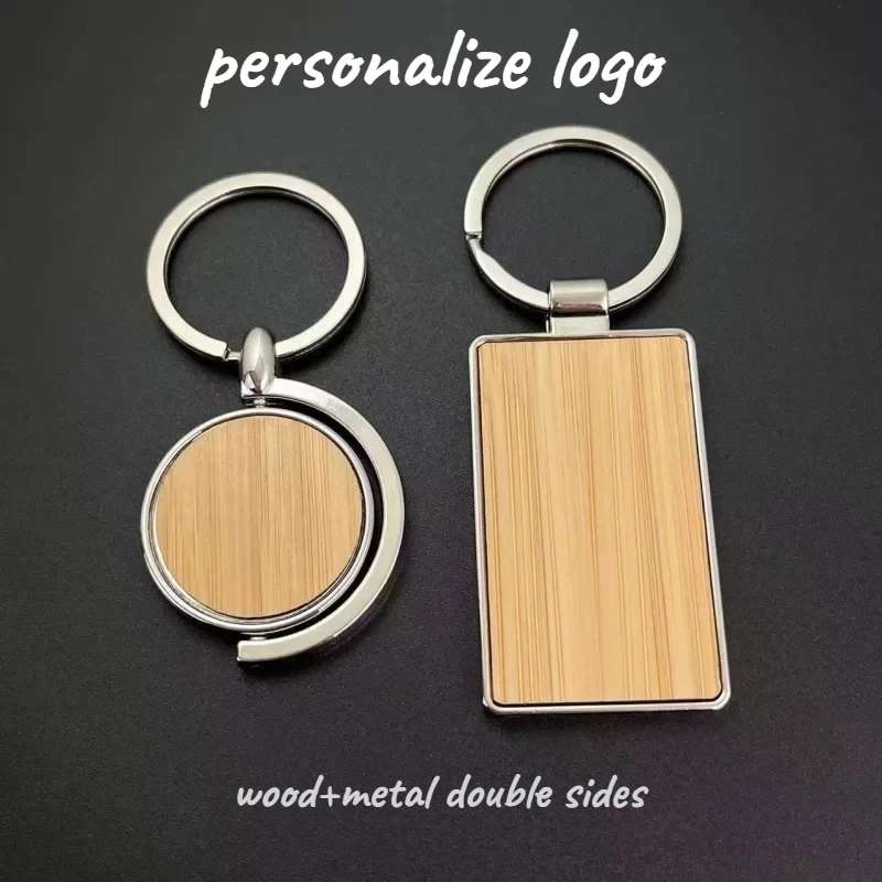 Laser Custom LOGO Bamboo Wooden Metal House Keychain Blank Personalize Wood Rotate Opener Key Chain Engrave House Keyring