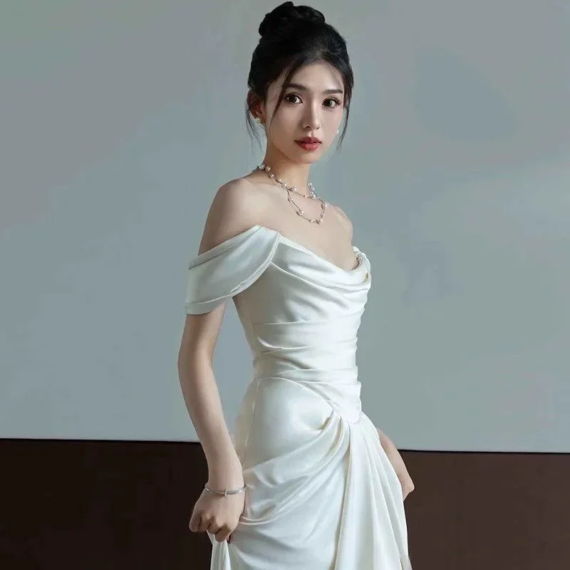 One-shoulder No. 9 light wedding dress simple temperament satin retro forest style reception dress female travel photography ev