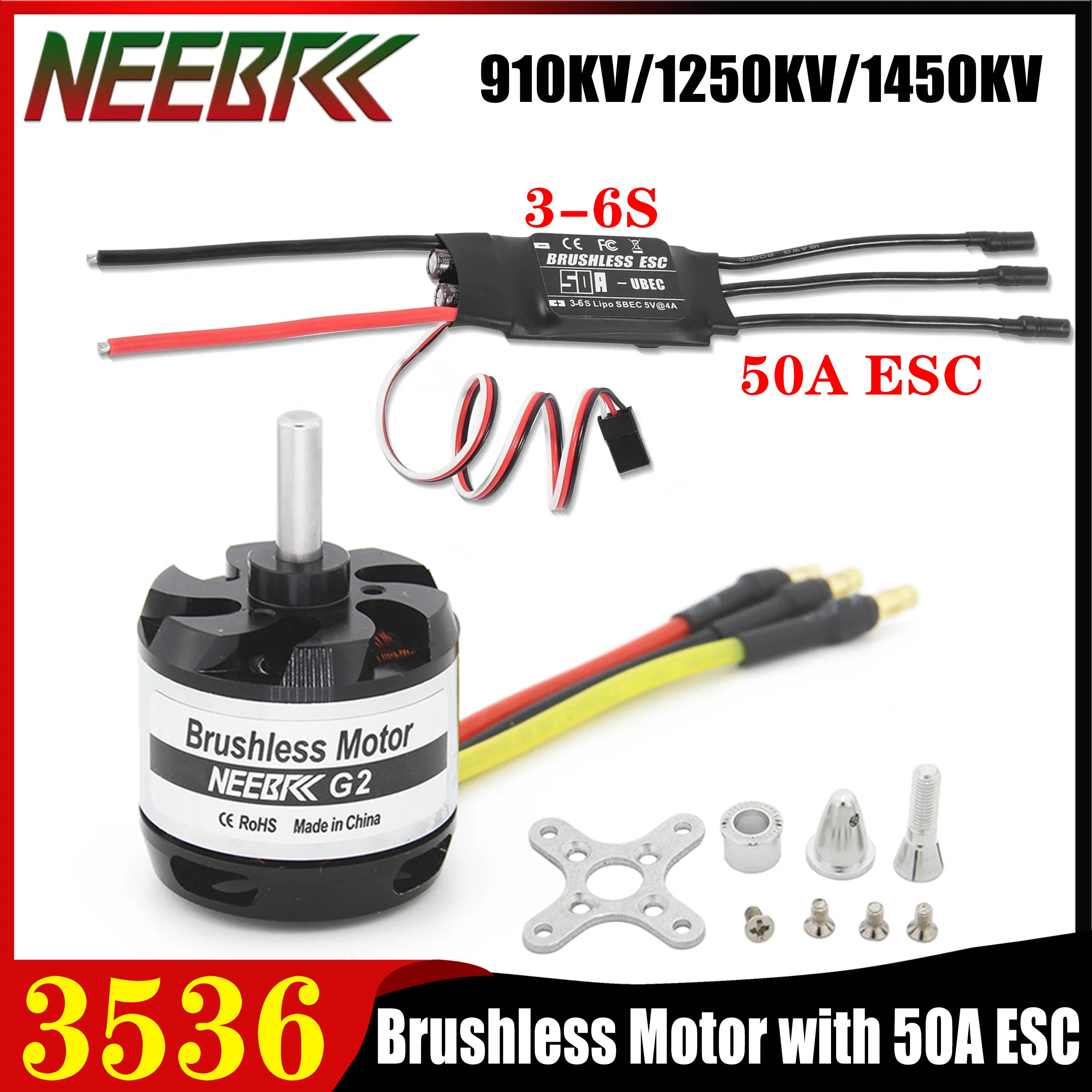 

NEEBRC 3536 910KV 1250KV 1450KV Outrunner Бесщеточный двигатель 3-6S 50A ESC Combo для RC FPV Racing Drone Plane Quadcopter
