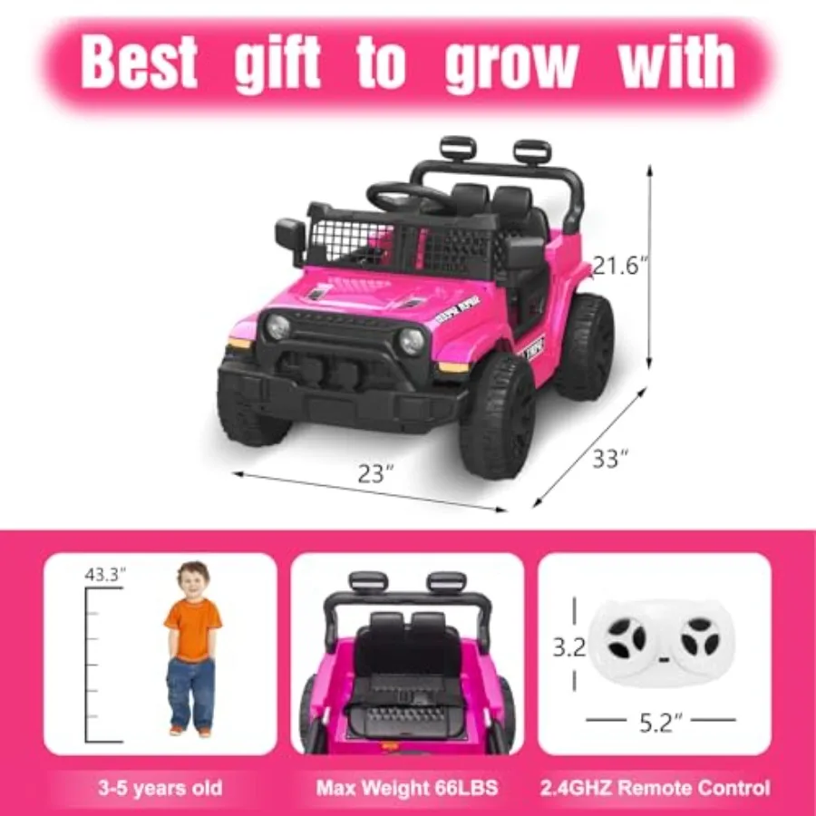 12V電動乗用玩具、親用リモコン付き、幼児用電動カー、スプリングサスペンション、LEDライトと音楽プレーヤー搭載 - 安全バッテリー