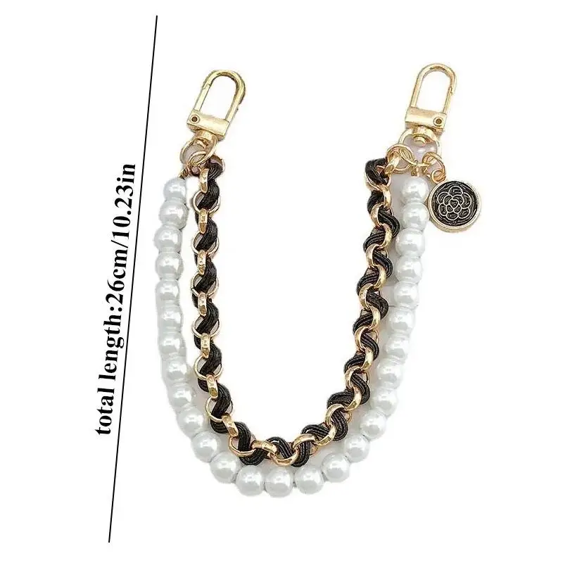 Elegant Double Layer Imitation Pearl Keychain Sweet Leather Chain Keyrings Bag Ornaments Accessories Wrist Hanging Phone Pendant