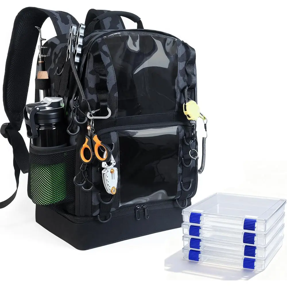 

Рыболовный рюкзак 45 л с 4 коробками, 2 держателями для удочек и прозрачным окном, идеально подходит для рыбалки, кемпинга, походов, камуфляжный