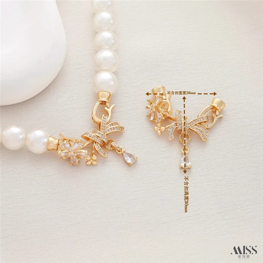 14K Gold-wrapped Color-preserving Zircon Bow Pendant Buckle DIY Pearl Bracelet Necklace Ending Connection Button Accessories
