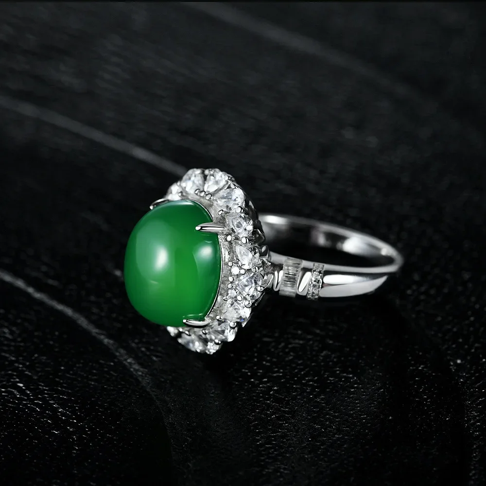 

New S925 Silver Charm Classic Green Jade Marrow Egg Noodles 12 * 14 Fashionable Versatile Ring marry Jewelry