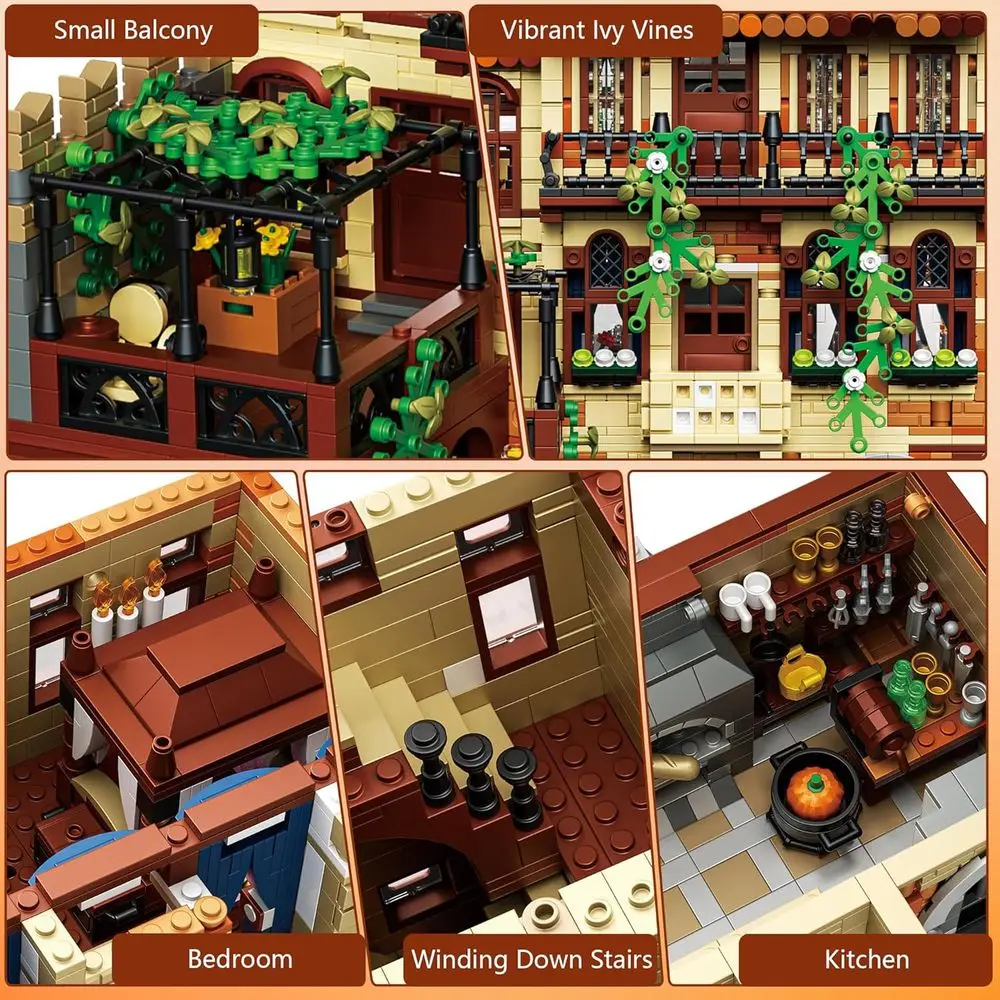 Juego de construcción de villa italiana renacentista de 3 niveles, 3800 piezas con balcón, enredaderas de hiedra, ideal para adultos y adolescentes, decoración del hogar o regalo