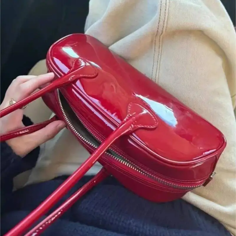 Bloom Red Underarm Purse Women High Street Hot Girls Patent Leather Casual Handbag Female Vintage Bowling Bag Aesthetic