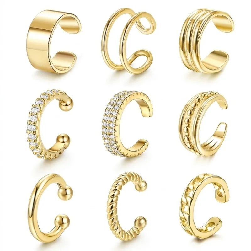 9-teiliges Set Modische Zirkon-Ohrklemmen in Goldfarbe, Luxuriöse Nicht-Durchstechende Ohrklemmen für Knorpel, Fake-Ohrringe – Detail 2