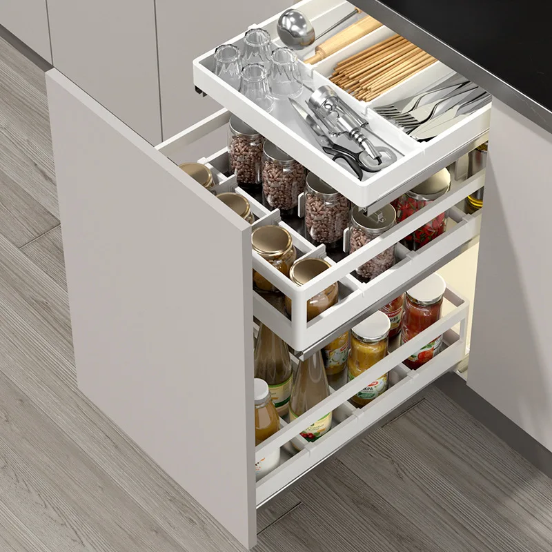 

Белый кремовый ветер 304, корзина для приправ из нержавеющей стали, кухонный шкаф для хранения, корзина для кухонного шкафа, трехслойный тип ящика