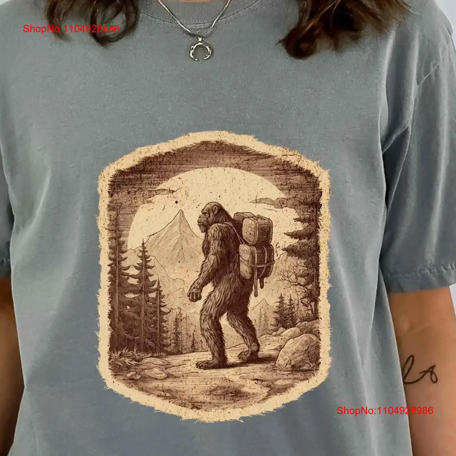 

BigFoot Hiking T Shirt Backpacking Comfort colors Funny gift for Outdoor Lover Cryptid Guy Cryptozoology vintage Washed