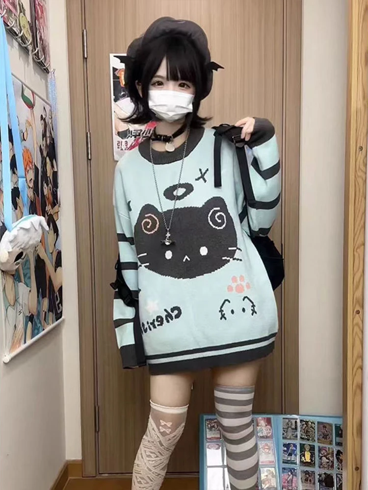 การ์ตูนญี่ปุ่นพิมพ์เสื้อกันหนาวผู้หญิง Kawaii Jacquard ลมขี้เกียจถัก Pullovers ฤดูใบไม้ร่วงฤดูหนาวหลวมสบายๆน่ารักหวานเสื้อใหม่