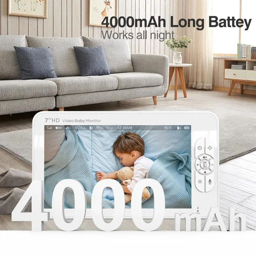 Imagen 2 del producto Babystar Monitor de vídeo para bebés de 7"", pantalla HD de 1080P, IPS, compatible con 2 cámaras HD, duración de la batería de 24 horas, alcance de 1000 pies, modo dividido, teléfono para bebés