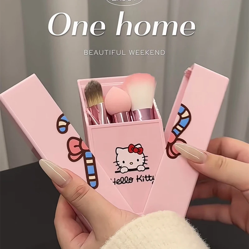 Hello Kitty 8 pcs makeup brush storage box with mirror portable travel makeup brush storage box for girls and women