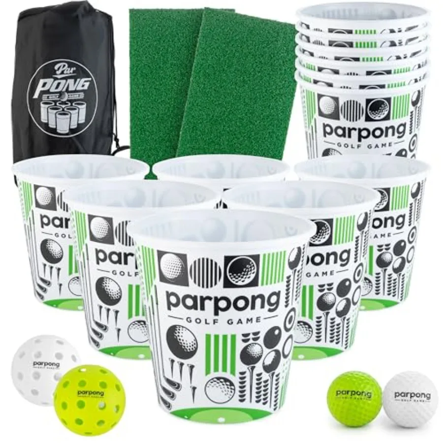 

Par Pong Backyard Golf Chipping Game Outdoor Golf Game with 12 Buckets, 2 Hitting Mats and Golf Balls for Adults, Tailgating, B