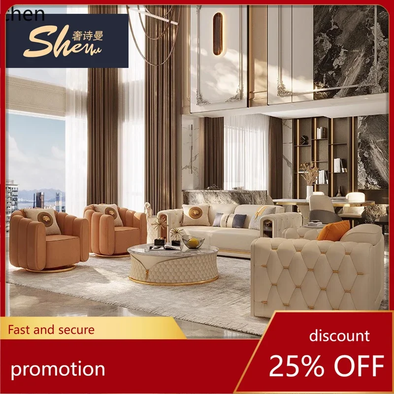 Z31- Italian lig luxury leather sofa combination American buckle straig row four people Fansi fold villa flat living room sofa
