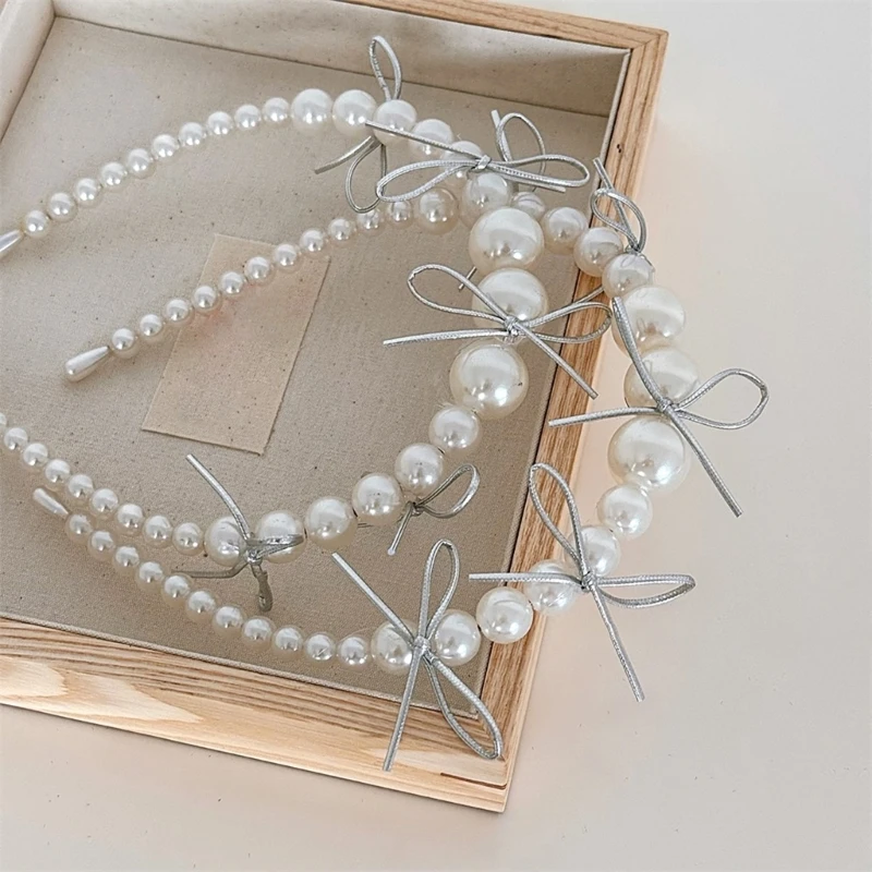 Pearls Bowknot Headband for Bridal Shower Bachelorette Hairband Music Festival Headband Elegant Vacation Party Hairhoop