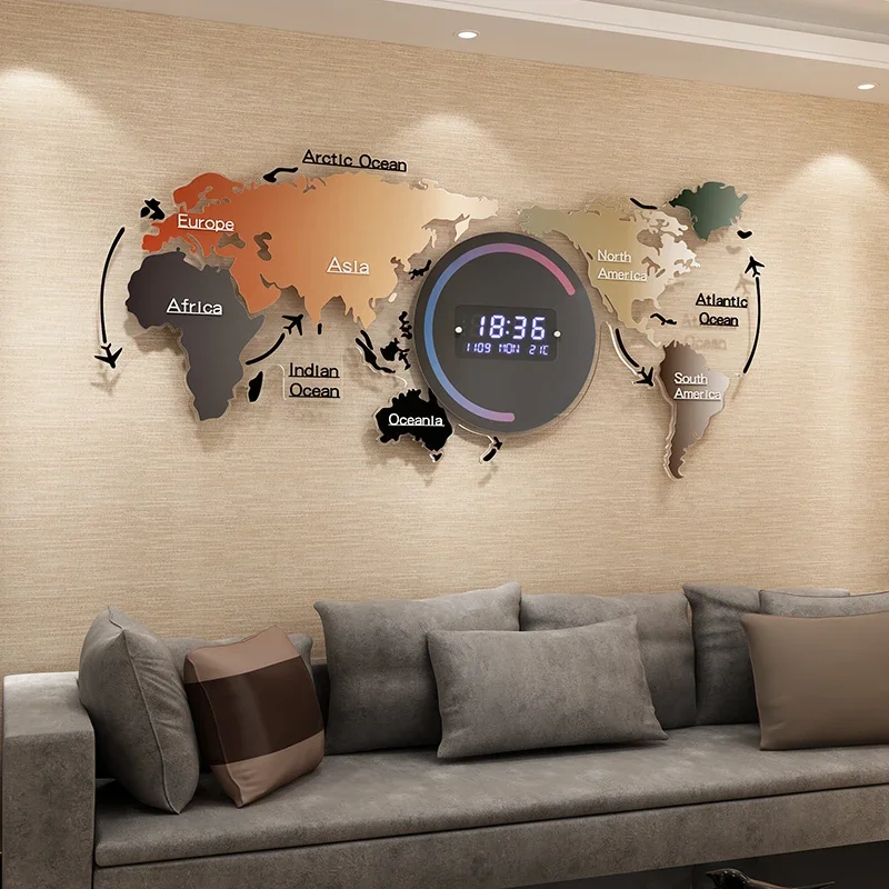 Home fashion wall watch Nordic light luxury wall clock modern minimalist clock wall clock living room creative world map