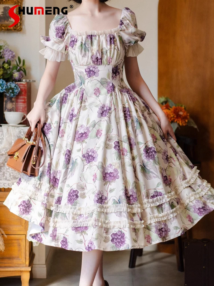 

Original French Retro Classic Elegant Square Neck Puff Sleeve High Waist A-line Fashion Print Lolita OP Long Dresses for Women