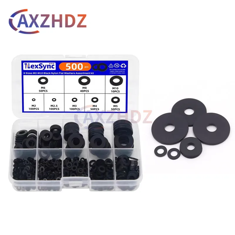 

500PCS 8 Sizes M2-M10 Black Nylon Flat Washers Assortment kit M2 M2.5 M3 M4 M5 M6 M8 M10 Plane Spacer Insulation Gasket Ring