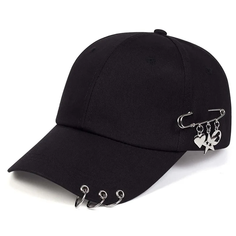 Street Style Hip-Hop Baseball Cap with Unique Horn Accents, Safety Pins & Charms Casual Cool Outdoor Accessory for Couples