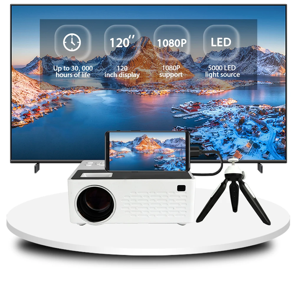

Besus J12C Pro Mini Portable Projector, 1080P Full HD, connects to your cell phone, 120 inch large screen projection for indoor.