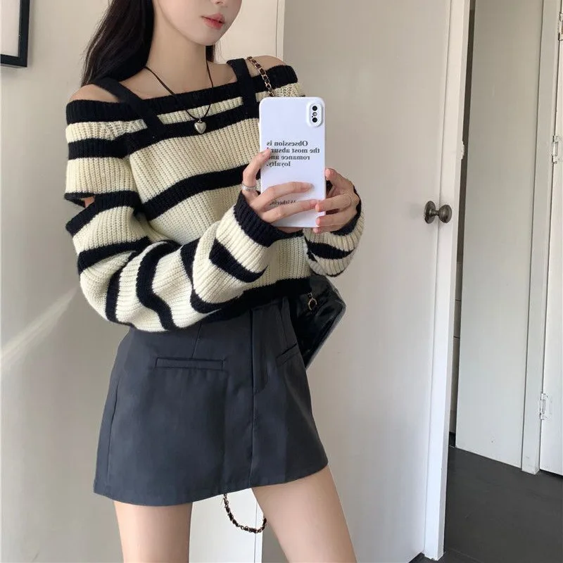 Pink Striped Korean Pullovers Top Spring Autumn New Long Sleeve Off Shoulder Loose Fashion Sweaters Sweet Casual Women Clothing