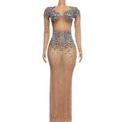 Sparkly Rhinestones Long Dress for Women Sexy Transparent Evening Prom Celebrate Birthday Dresses Photo Shoot Wear