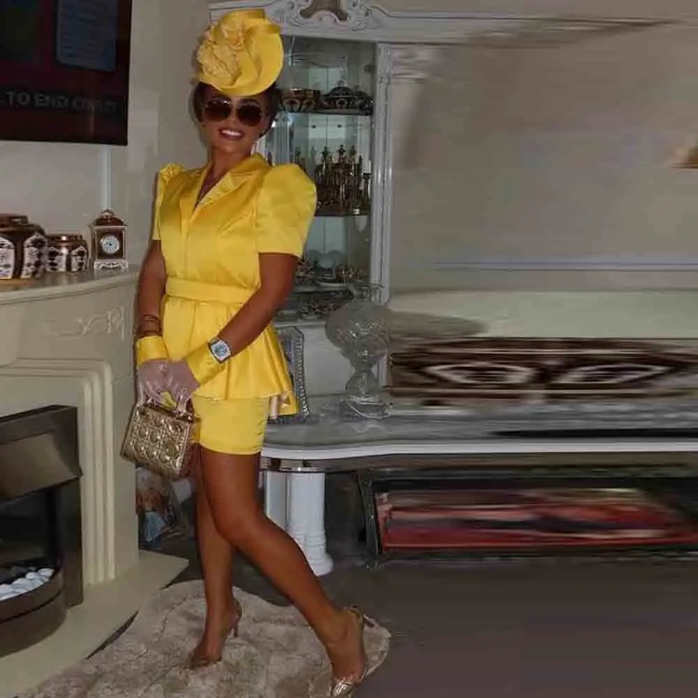 Customized Yellow Satin Two Piece Outfit Puff Sleeve Blazer Top Pleated Mini Skirt Cocktail Gown Cuffs Sheer Mesh Back Suit Set view 3