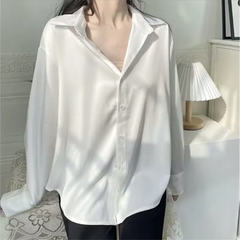 

Ice Silk White Shirt For Women Blouse Wrinkle Resistance Drape Long-sleeved Sun-protective Shirt Loose Blous Female Shirt