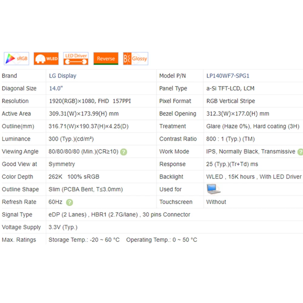 Imagem -04 - Tela Lcd para Laptop 14.0 Lp140wf7-spg1 Lp140wf7 sp g1 1080p 30 Pinos 100 Srgb lg Gram 14z980 14z990