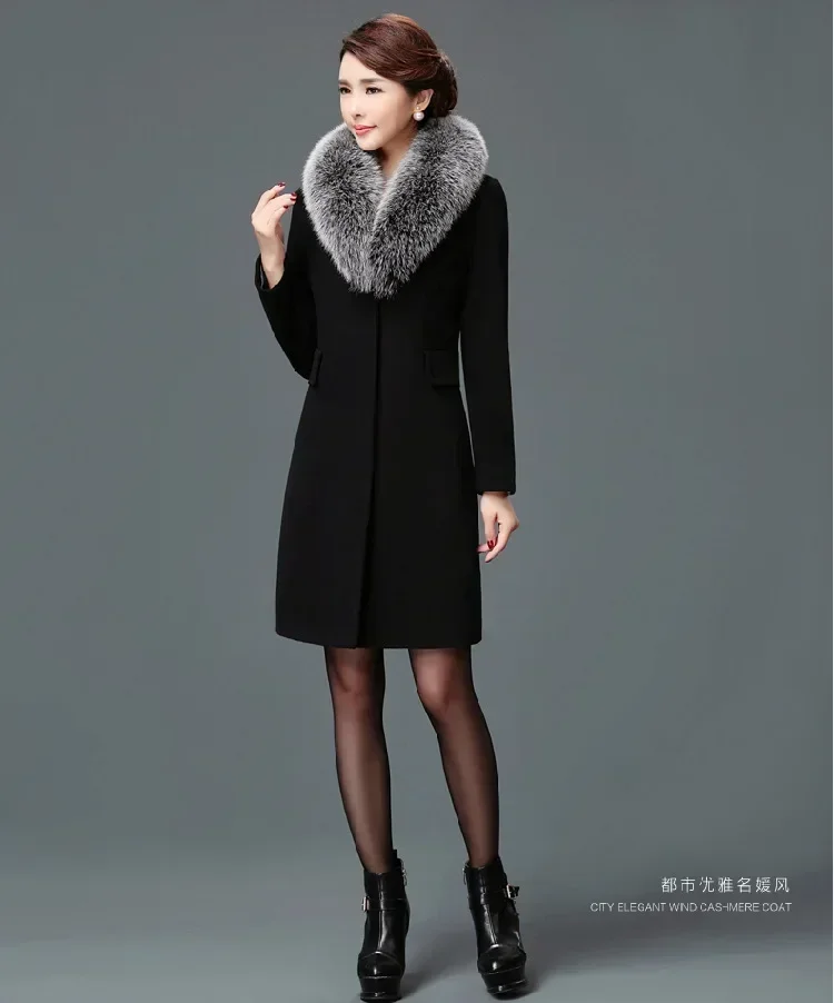 Korean version of the new product medium and long women's woolen coat Nizi slim jacket autumn and winter contrasting color fur