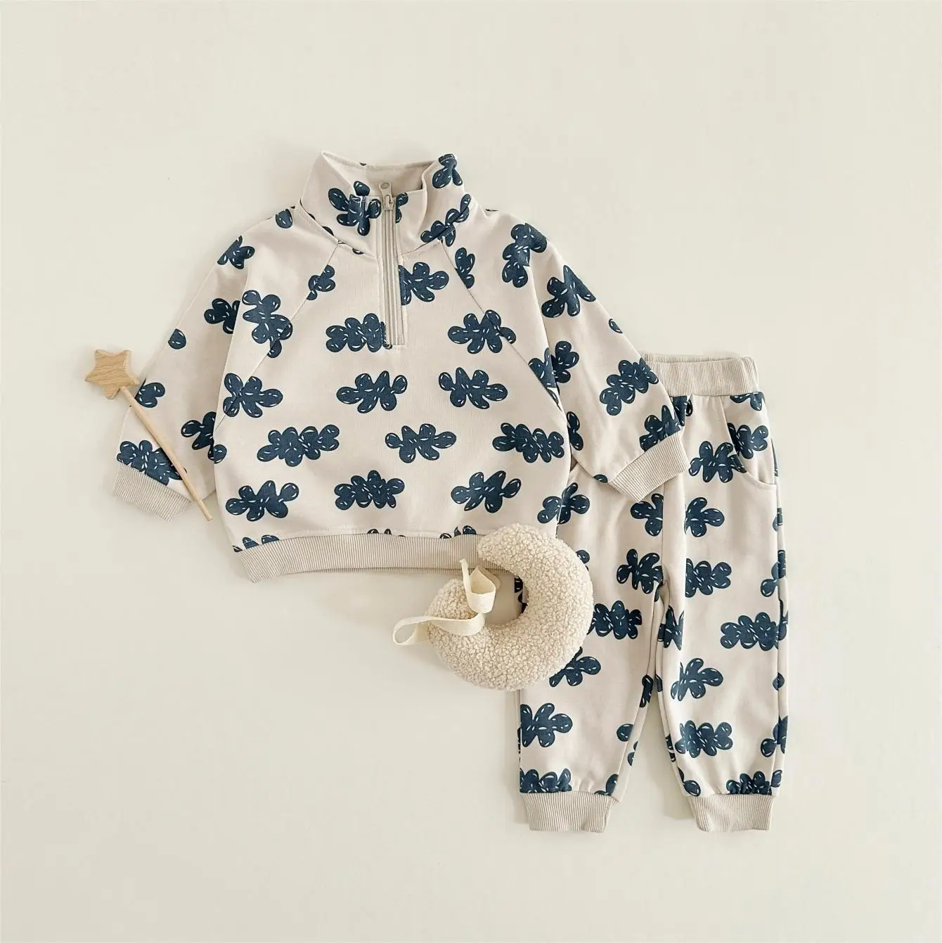 Spring Autumn Cute Set Baby Girls Fashion Cloud Print Zipper Pullover Tops + Cotton Sweatpants Boys Loose High Quality Tracksuit