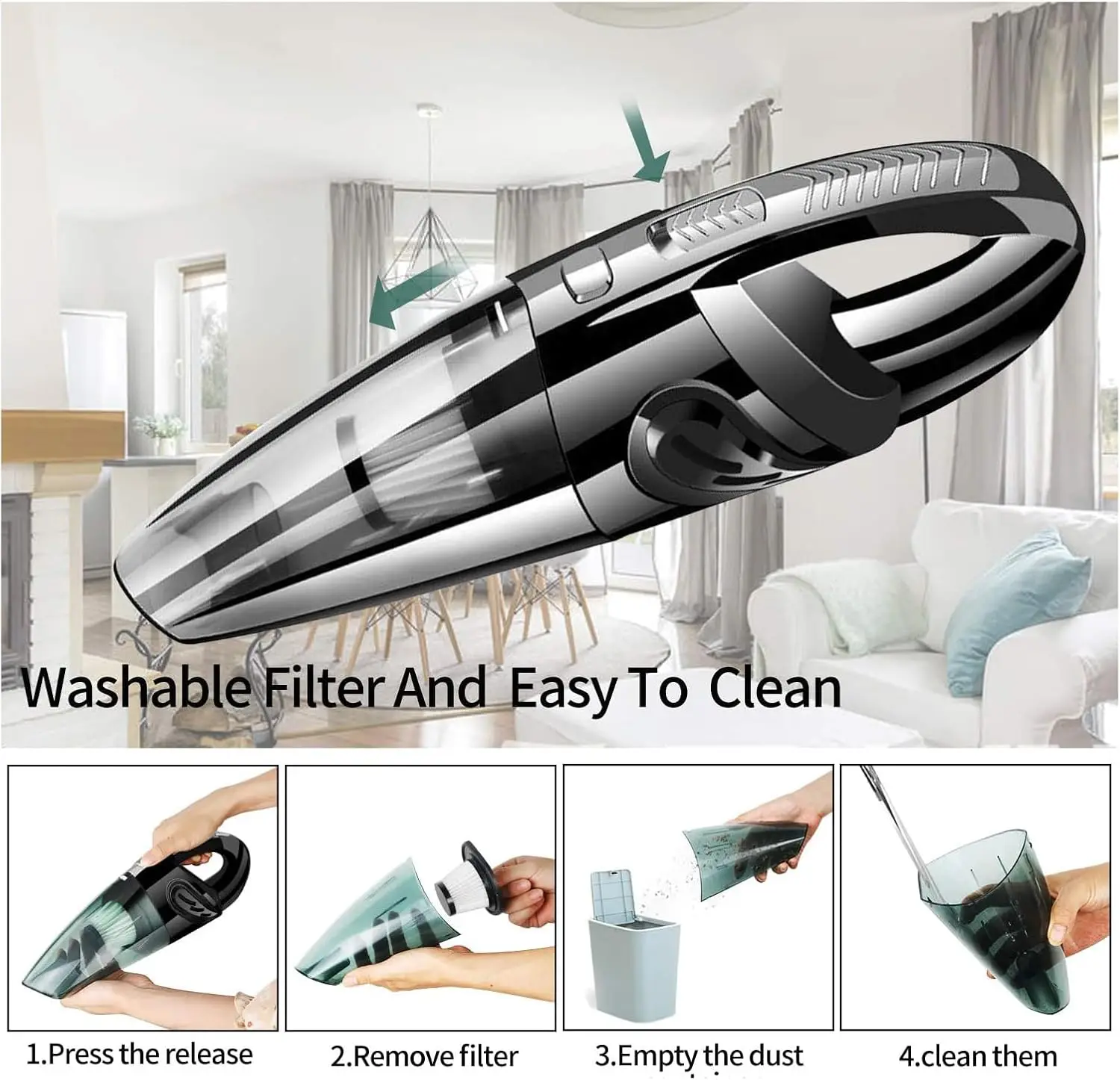 Portable Car Vacuum Cleaner, Low Noise 6.6KPa High Power Wireless Handheld Vacuum for Auto Interior, Lightweight Wireless Car Hoover with HEPA Filter and LED for Car Detailing and Home Use.