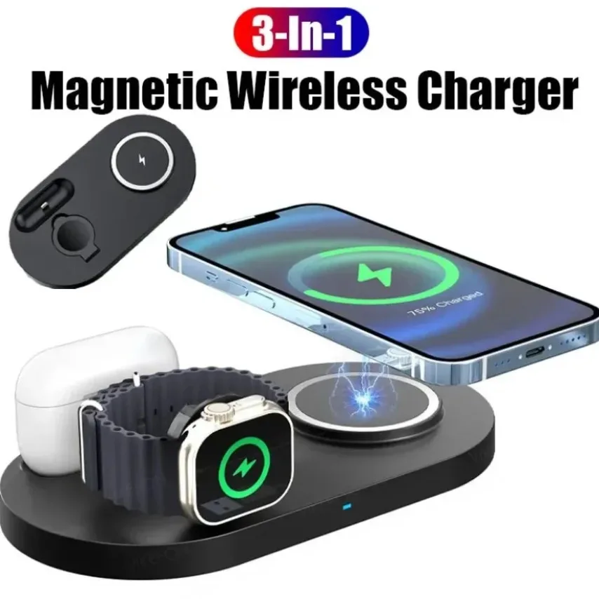 

Портативная магнитная беспроводная зарядная станция 3-в-1 для iPhone 17, 16, 15, 14, 13, Apple Watch SE 9, 8, 7, AirPods Pro – Быстрая зарядка