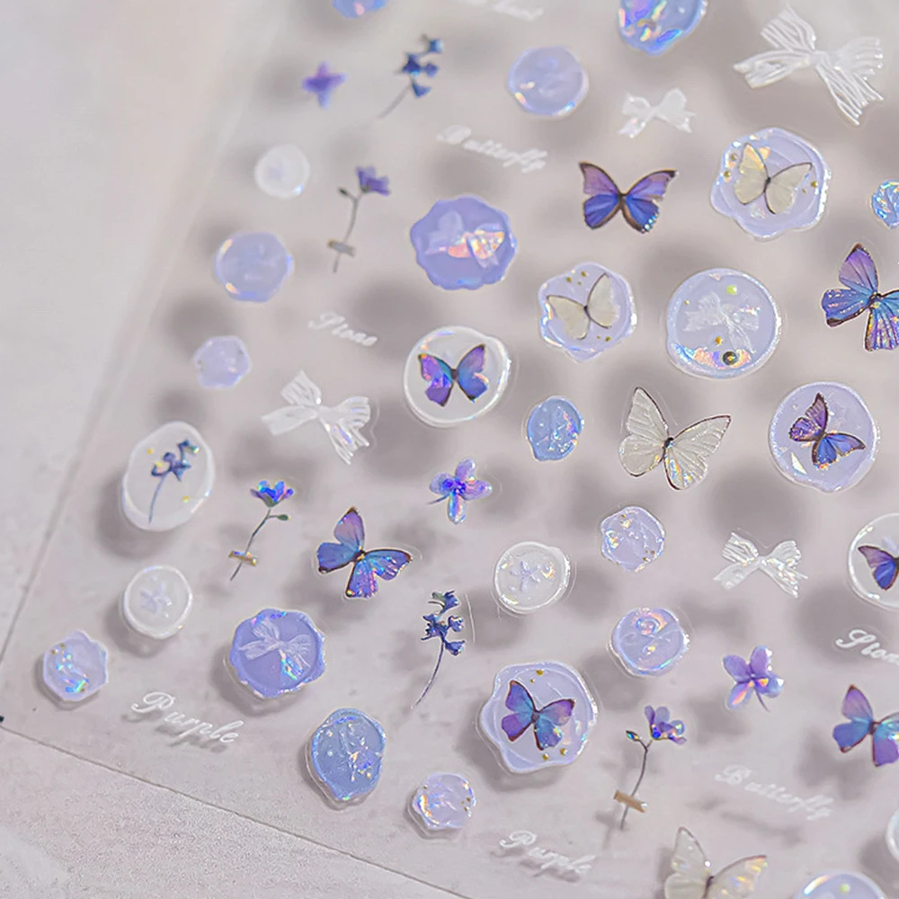 Lila Blumen Insekt Nail Art Aufkleber holographische Schmetterling Stempel Schleife charmante Blume selbstklebende Dekoration Maniküre Deca