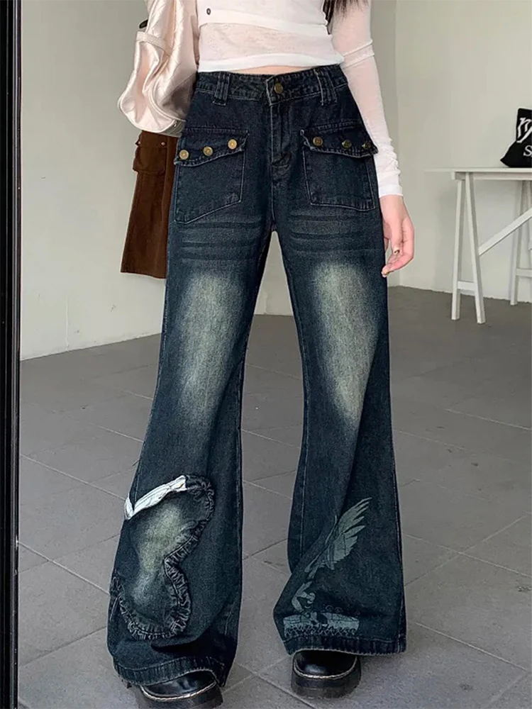 Women's Cargo Flare Jeans Harajuku Y2k Japanese 2000s Style Aesthetic Oversize Denim Trousers Jean Pants Vintage Trashy Clothes