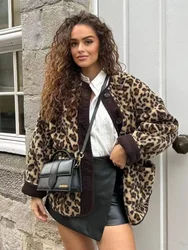 Leosoxs Fashion Contrast Leopard Print Single Breasted Jacket Women Elegant O Neck Long Sleeves Pocket Coat 2024 Warm Outerwear