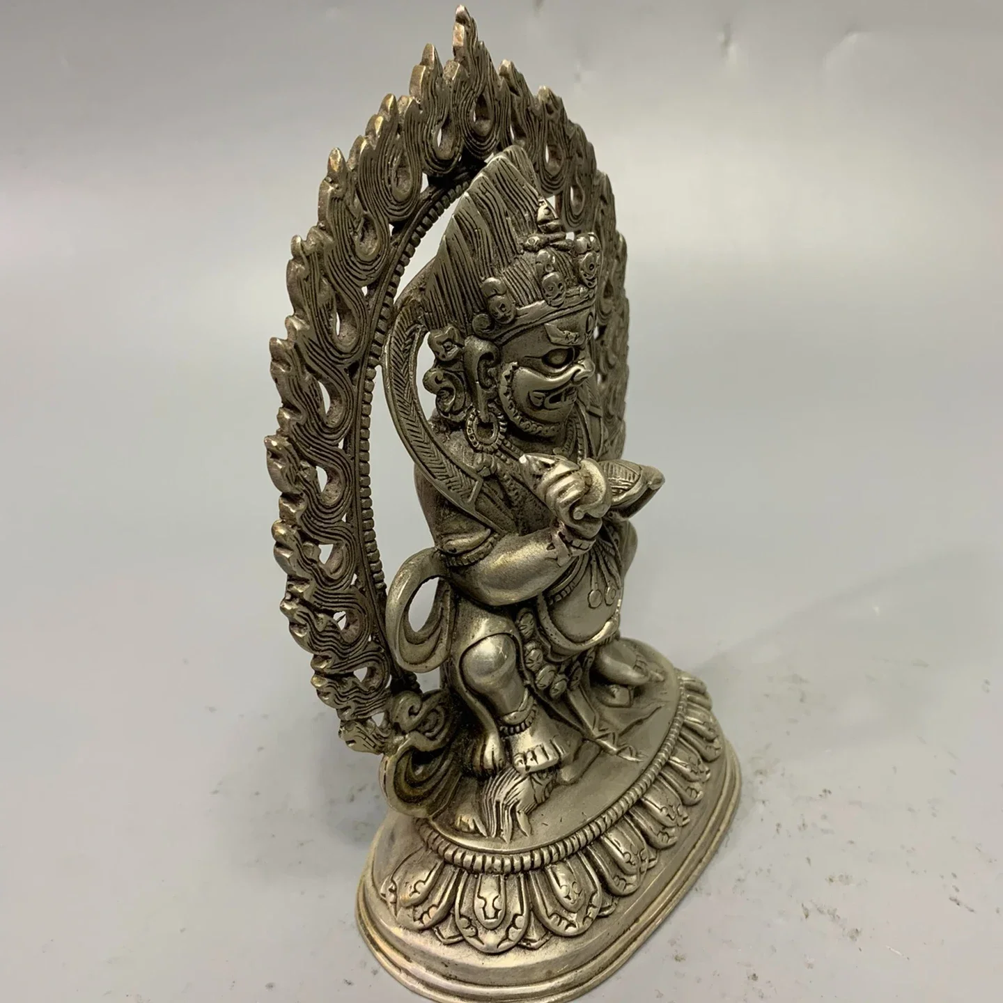 17cm Tantric Buddha Statue White Copper Silver Two Armed Mahagala Buddha Statue