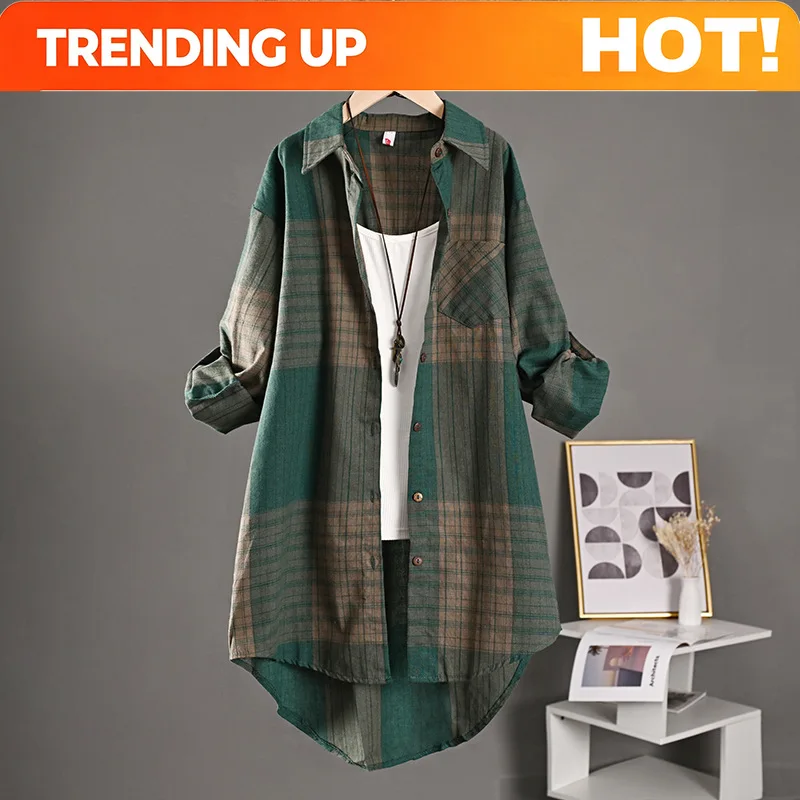 Customization Checkered Shirt Woman Women's Buttoned Shirts Linen Blouses Woman Long Sleeve Shirts For Women Women's Vintage Blo