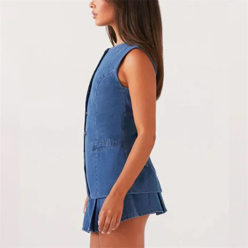 Vintage Women Sleeveless Single-breasted Cardigan Tops Denim Two Piece Sets Short Skirt Female Suits Summer Casual Streetwear 24