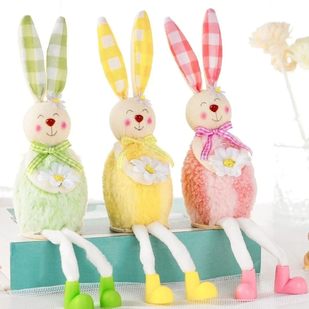 Cute Cartoon Easter Bunny Doll Long Leg Soft Plush Holding Flower Bunny Decorative Bunny Figures Easter Gift