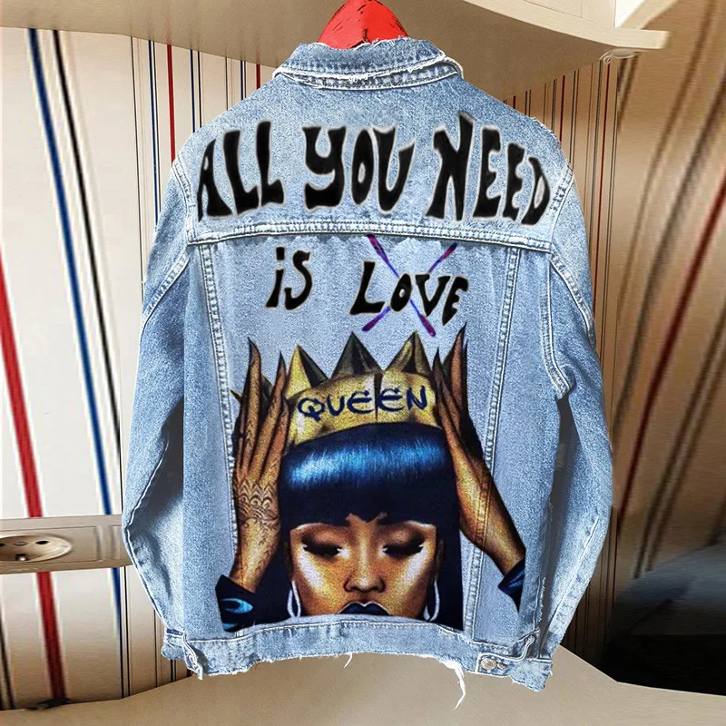 Women\'s Autumn New Hot Selling Street INS Hip-Hop Personality Girl Pattern Coronation Crown Printing Lapel Denim Jacket