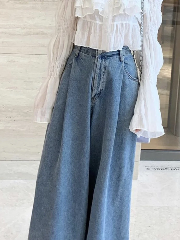 [EWQ] One-button Pleated Denim Trousers For Women Streetwear High Waist Wide Leg Jeans 2024 Spring Summer New Chic Pants 16Y6618