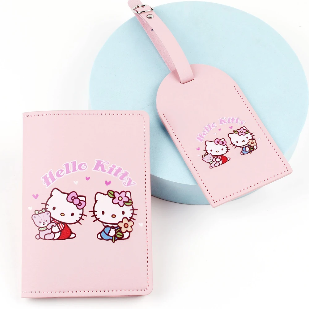 Hello Kitty rose passeport couverture bagages étiquette ensemble femmes voyage essentiels billet banque porte-carte de crédit bagage nom adresse étiquette