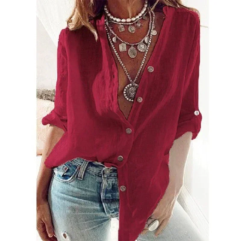 New Helisopus Summer New Women\'s Cotton Linen Shirt Fashion Button Solid Color Casual Loose V-Neck Long Sleeve Top Commuter Wear